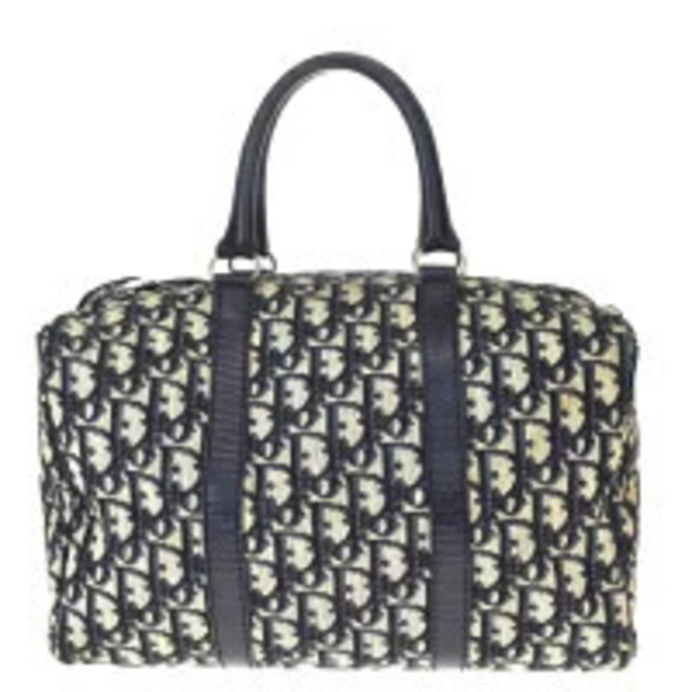 Christian Dior Trotter Handbag Boston Navy Blue Canvas Leather